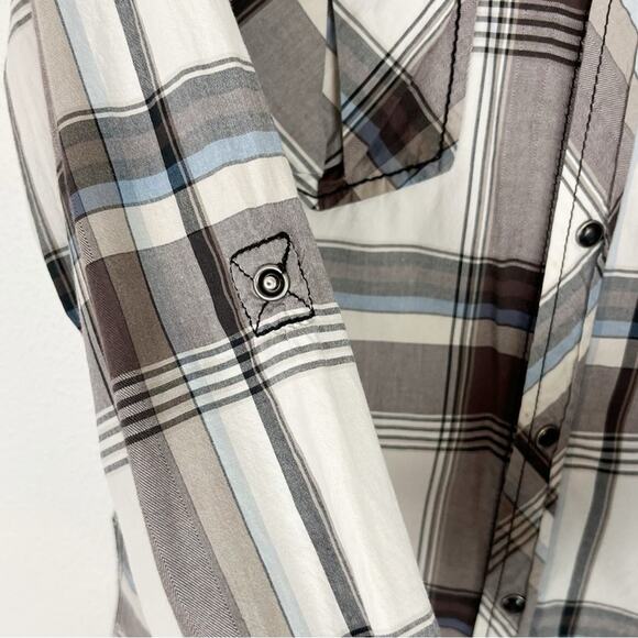 BKE Mens Casual Pearl Snap Shirt Western Plaid Slim Stretch White Gray Medium - Picture 6 of 7